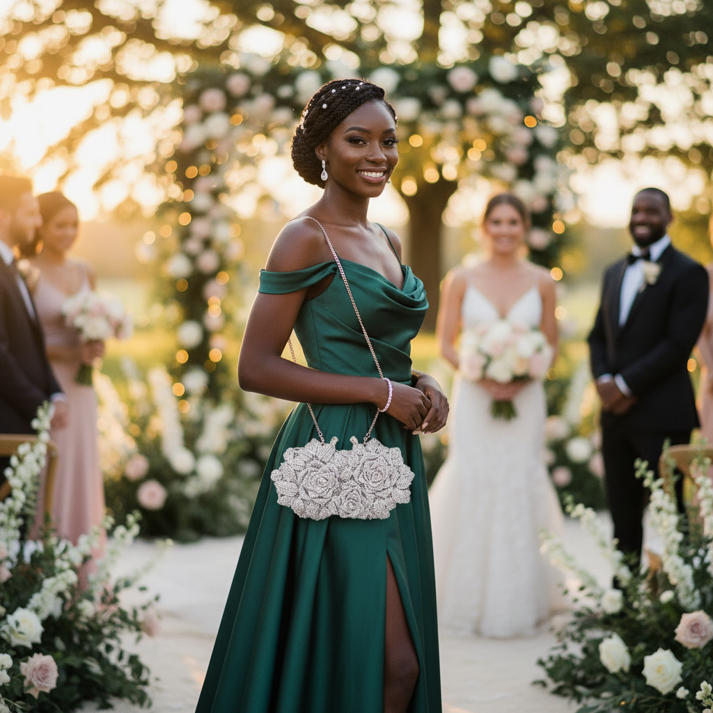 Demoiselle d'honneur noire avec JAD Florale argent