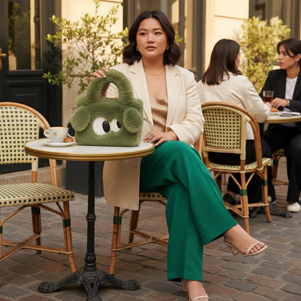Femme asiatique ronde avec sac peluche vert JAD