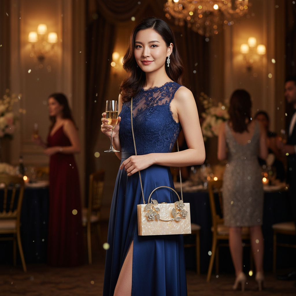 Femme asiatique à un cocktail avec JAD Cristal rose en bandoulière