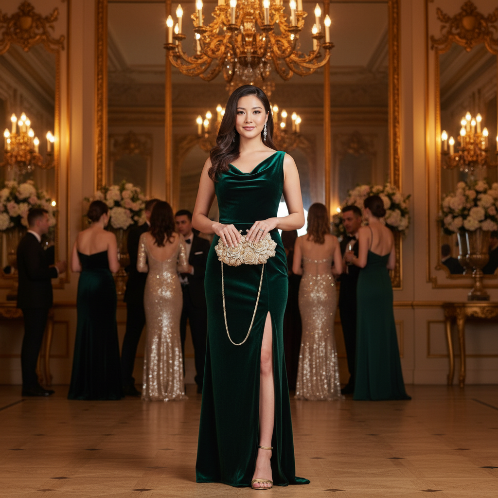 Femme asiatique à un gala avec JAD Florale or