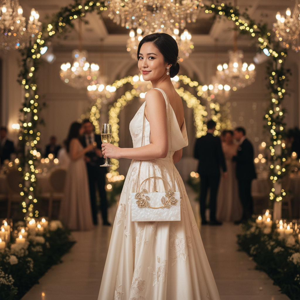 Femme asiatique à une réception de mariage avec JAD Cristal blanc