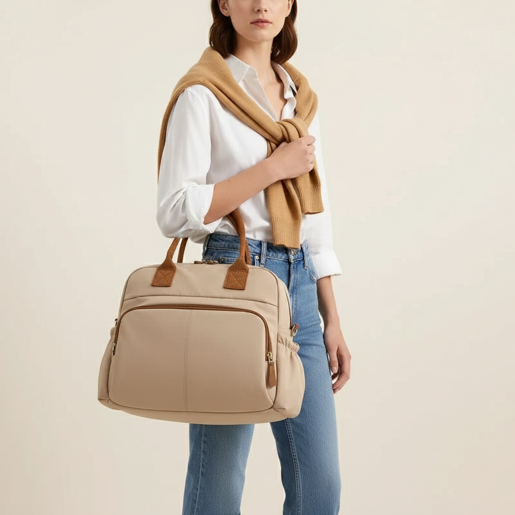 Femme blanche élégante avec sac beige