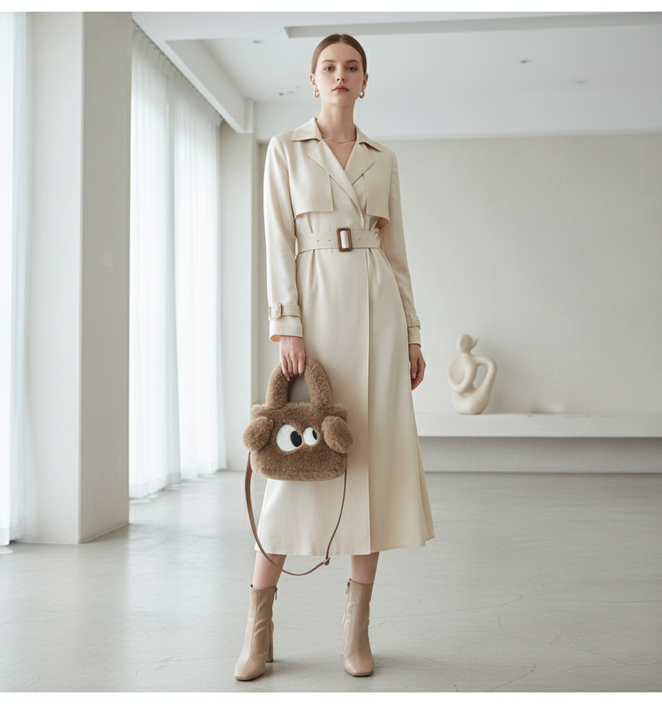 Femme blanche mince avec sac peluche blanc JAD