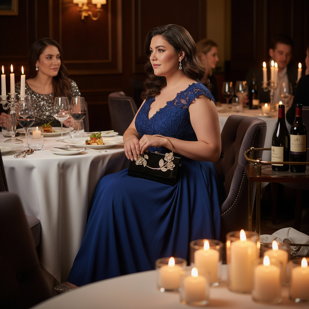 Femme latina ronde à un dîner élégant avec JAD Cristal noir