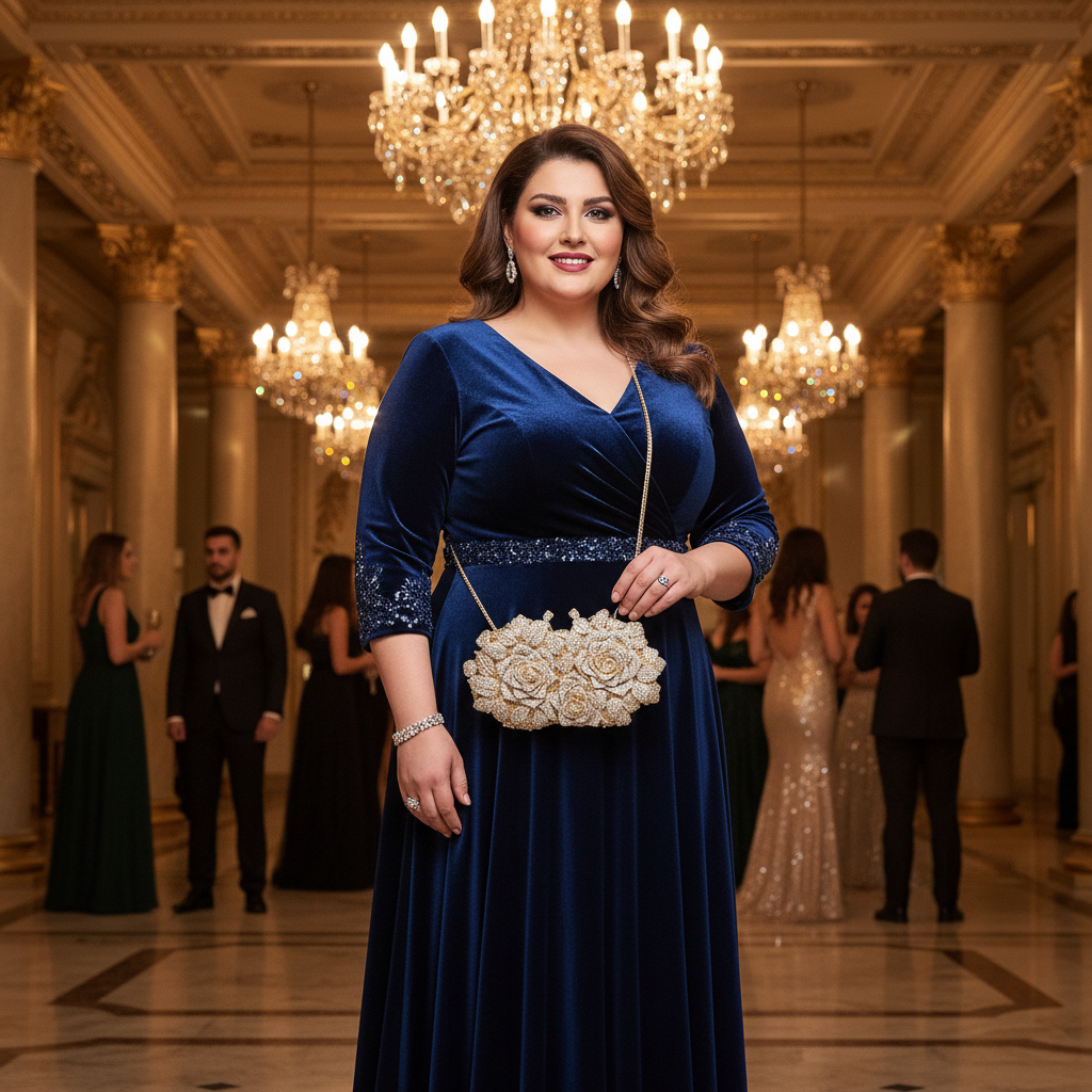 Femme moyen-orientale ronde à une soirée avec JAD Florale or