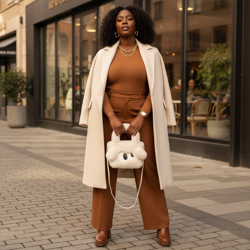 Femme noire ronde avec sac peluche marron JAD