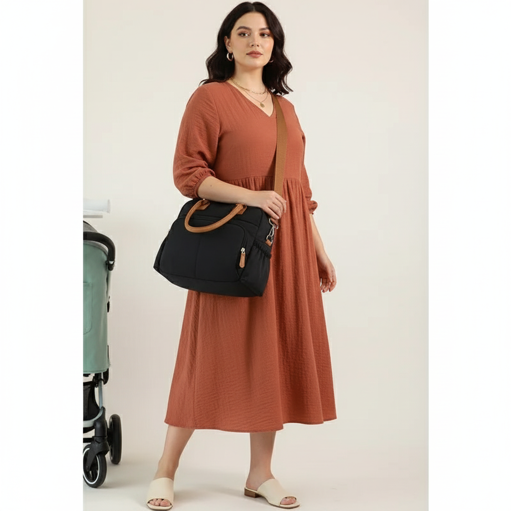 Femme ronde élégante avec sac noir