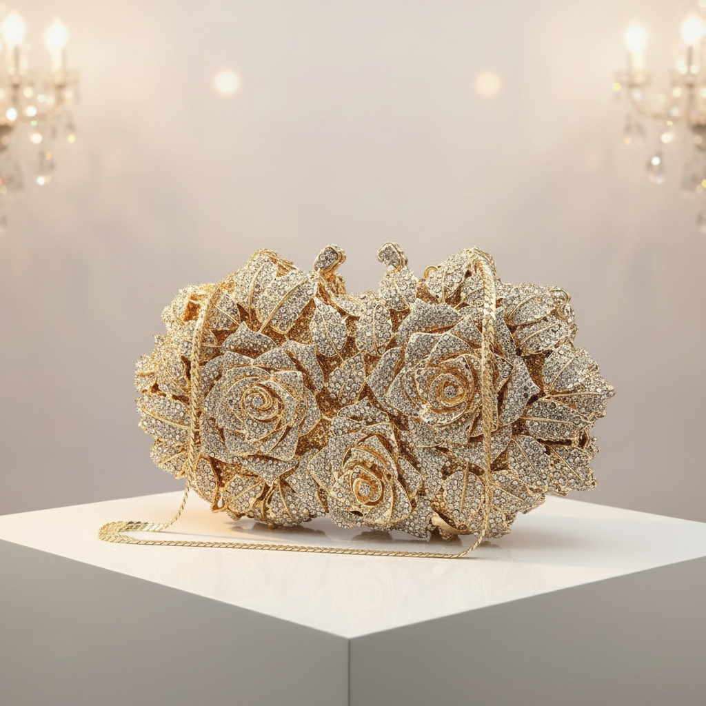 JAD Florale - Sac de Soirée Rose Ajourée Strass | Pochette Mariage Luxe