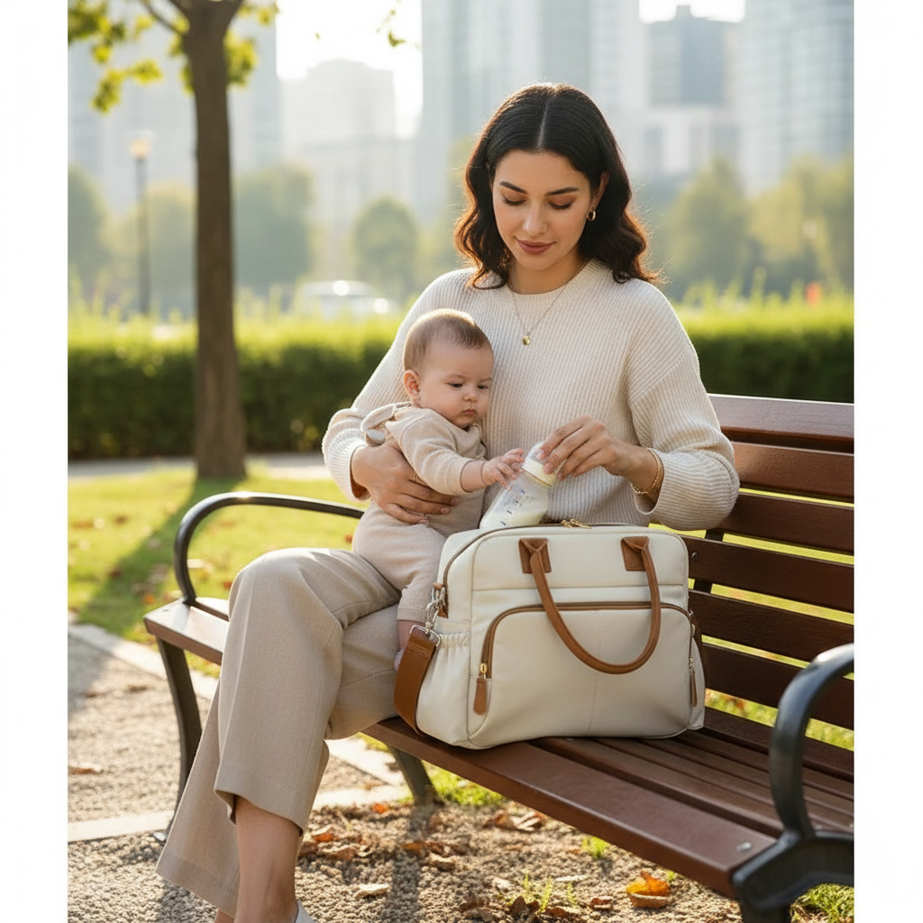 Maman utilisant le sac au parc avec bébé